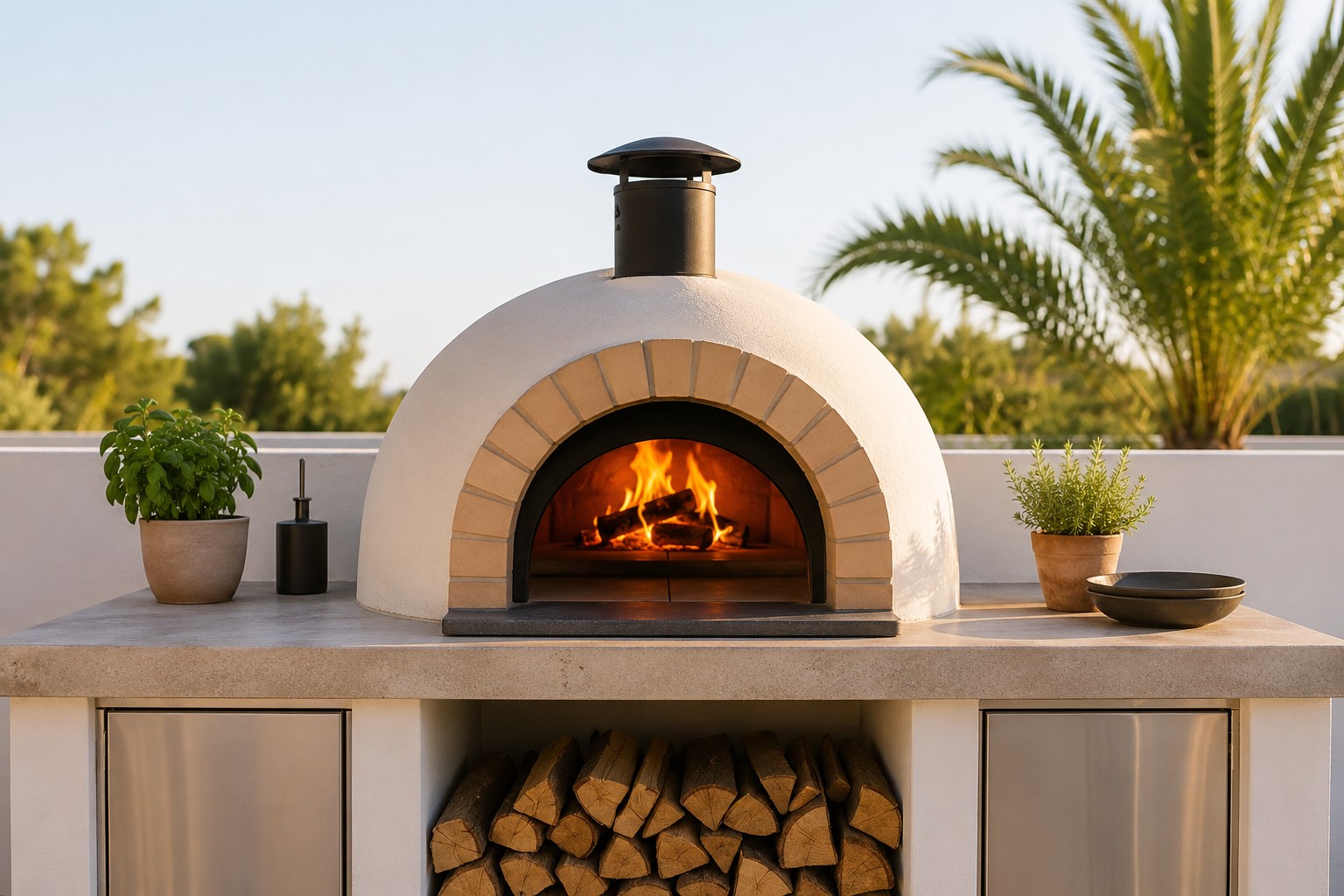 The pizza oven and grill of the outdoor kitchen